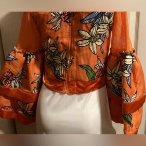 Orange Boxy Blouse with Gathered Cuff Sleeves